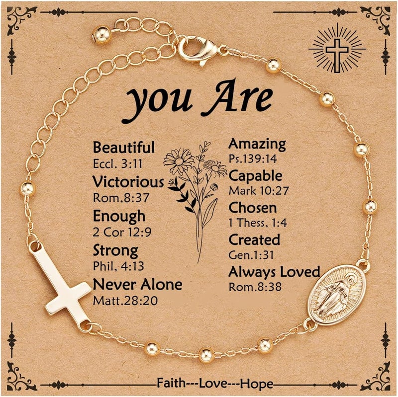 VULETO Catholic Virgin Mary Cross Bracelet Gifts for Girls Teens Women, Rosary Beads Charm Link Chain Bracelet Christmas Christian Religious Jewelry Gifts - Image 1